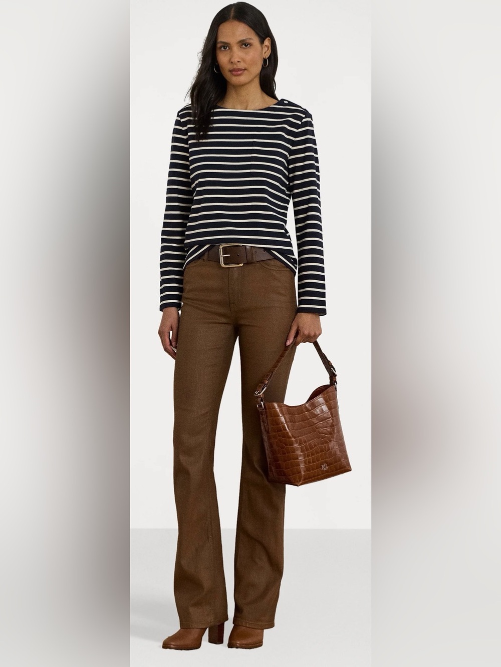 Lauren Ralph Lauren Crevan Striped Jersey Snap-Trim Boatneck Navy Cream L NWT
